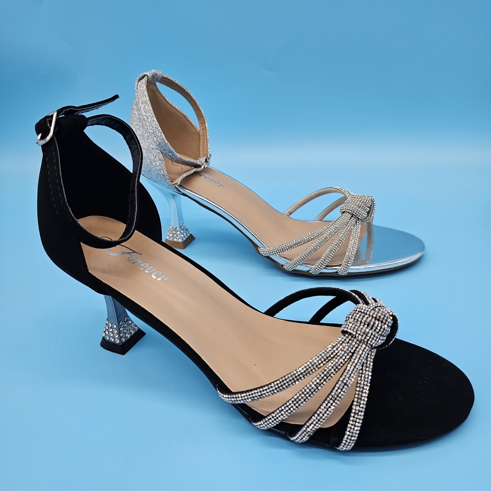 Forever Link Low Black and Silver Strappy Heels